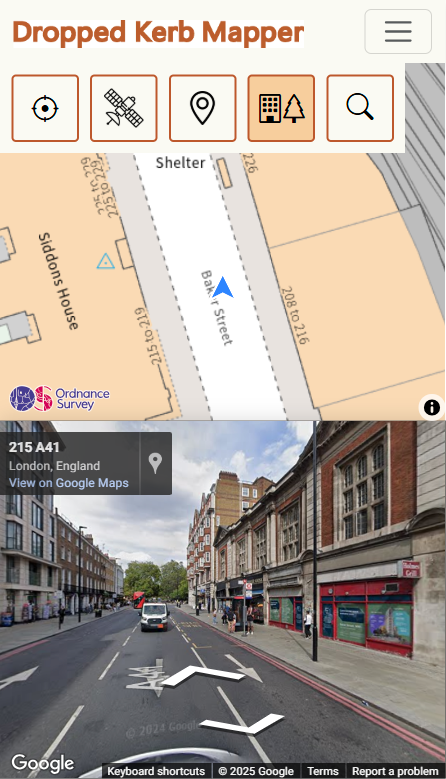 Blue arrow on map corresponding to streetview location and direction